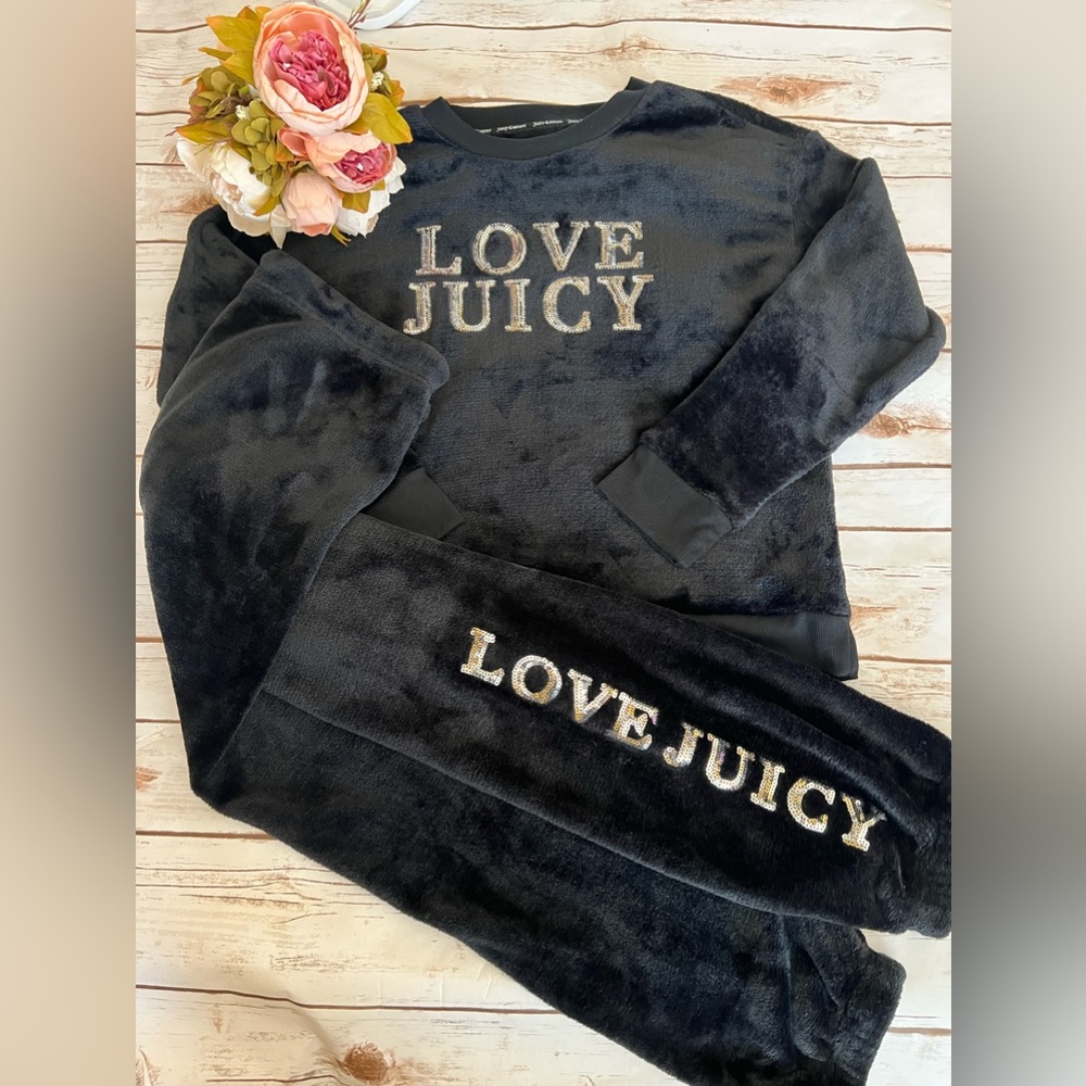 Juicy Couture Love Black velour Lounge Pajama Set Large Pants Sweatshirt